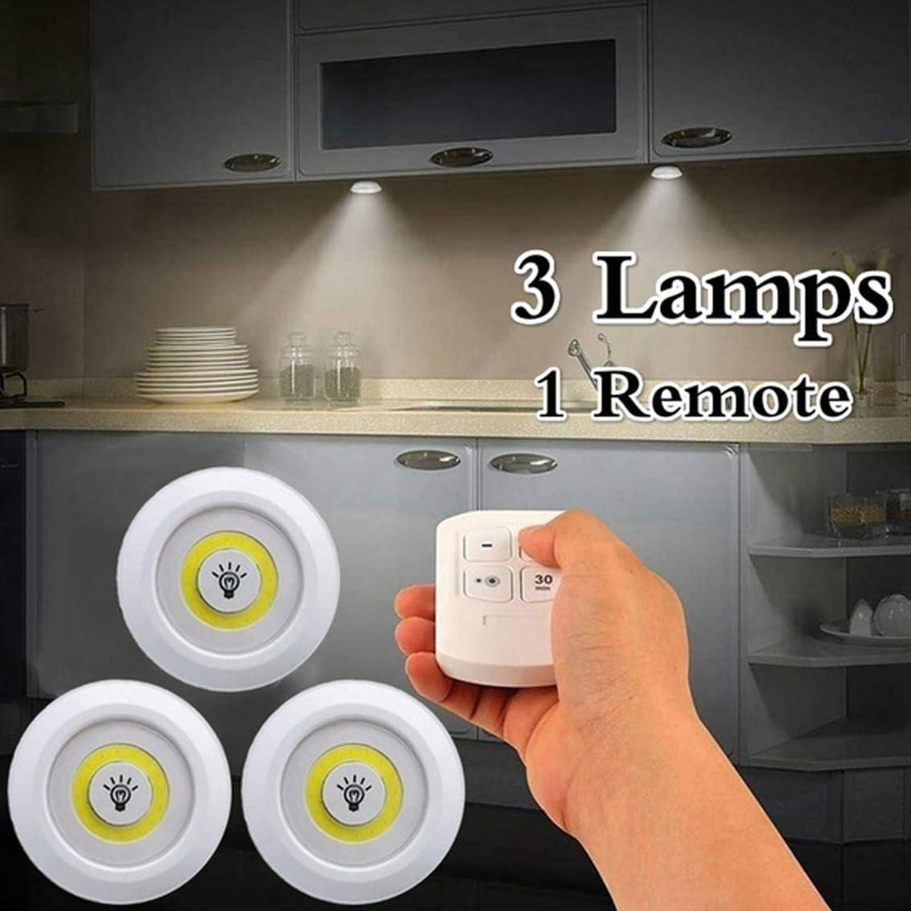 Pack of 3 LED Remote Control Tap Lights | Self-Adhesive Cabinet, Wardrobe & Kitchen Lights