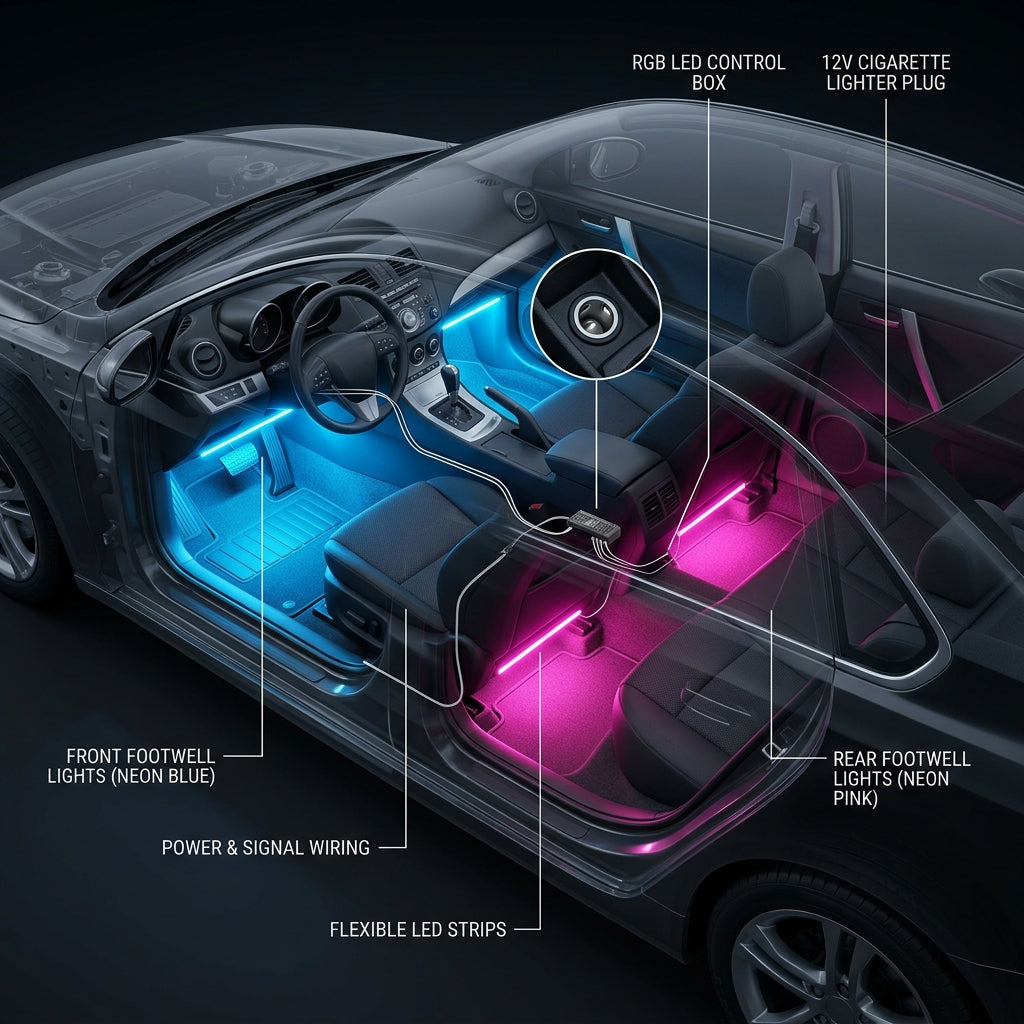 Semi-transparent 3D vehicle cutaway showing the exact 4-zone installation (front footwells in blue, rear footwells in pink), neat wire routing, and direct plug-in to the 12V cigarette socket.