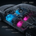 Semi-transparent 3D vehicle cutaway showing the exact 4-zone installation (front footwells in blue, rear footwells in pink), neat wire routing, and direct plug-in to the 12V cigarette socket.