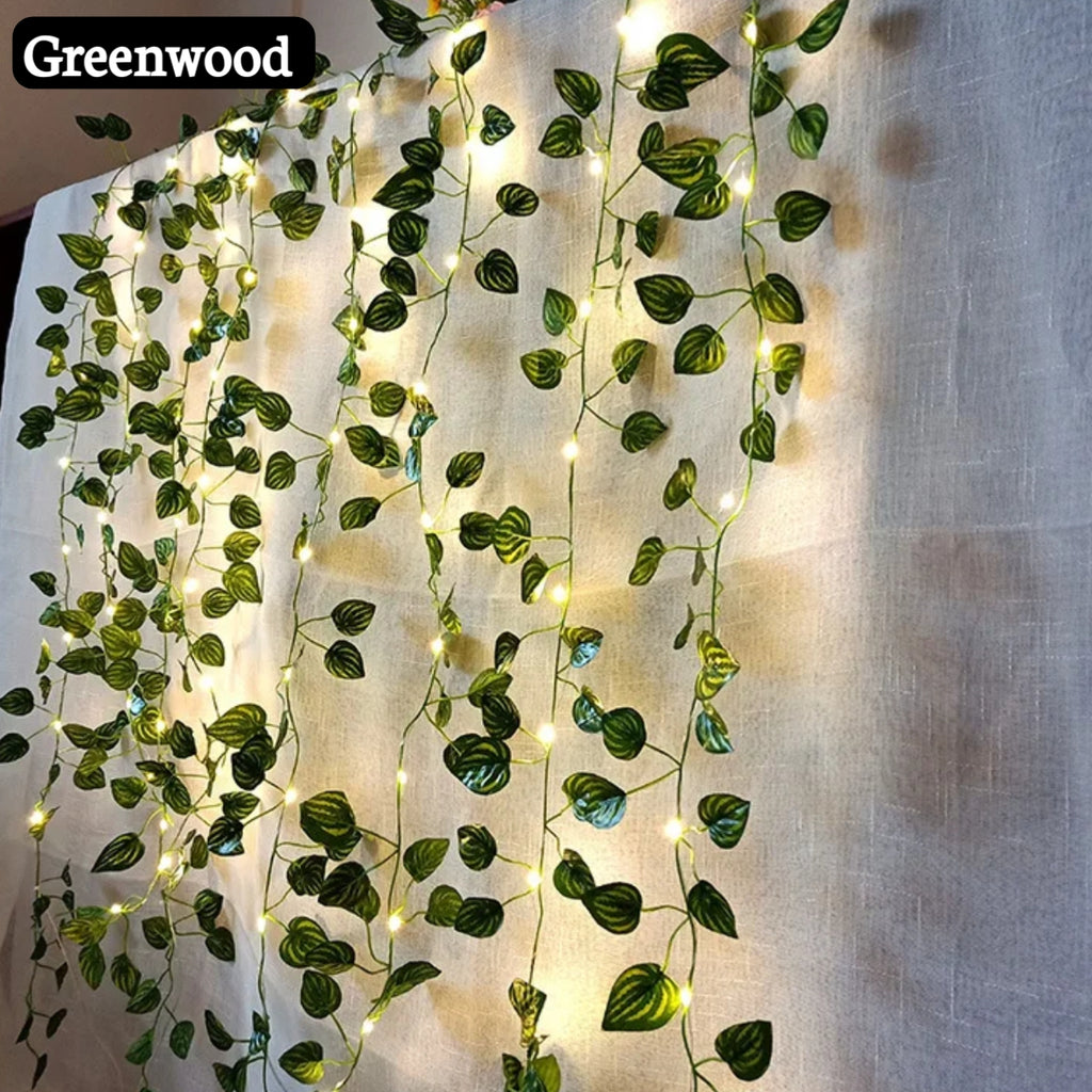 Artificial Plant Leaves bail with 7 ft LED Fairy Lights Battery Operated and 7 ft Bail Leaf Lights for room decoration wall Hanging flowers