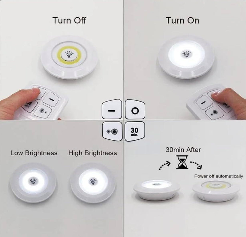 Pack of 3 LED Remote Control Tap Lights | Self-Adhesive Cabinet, Wardrobe & Kitchen Lights