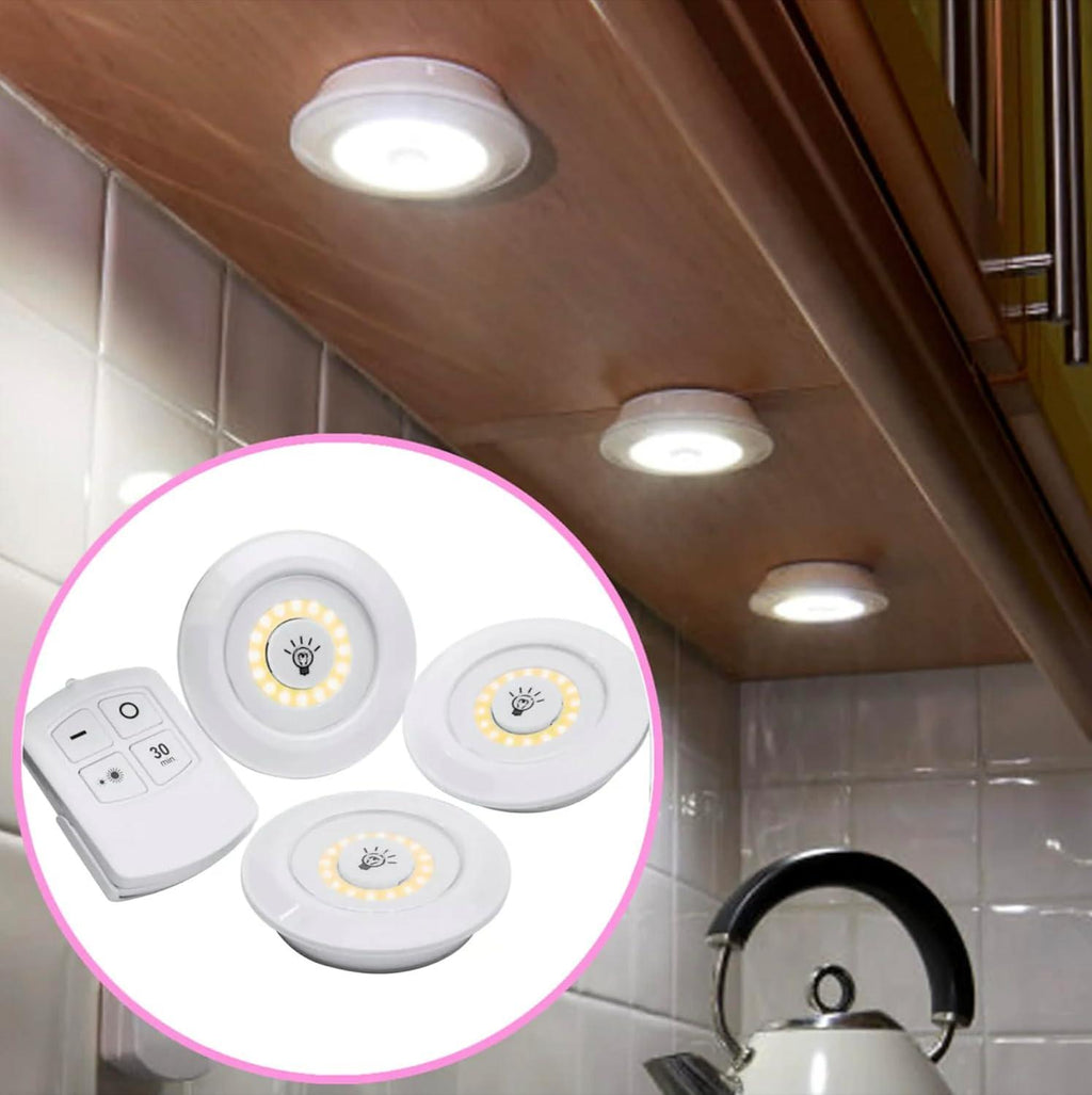 Pack of 3 LED Remote Control Tap Lights | Self-Adhesive Cabinet, Wardrobe & Kitchen Lights