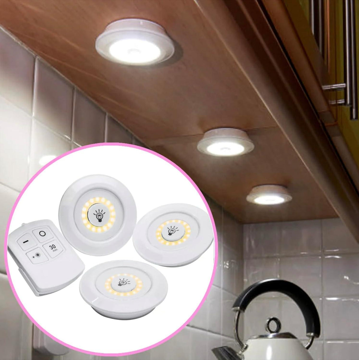 Pack of 3 LED Remote Control Tap Lights | Self-Adhesive Cabinet, Wardrobe & Kitchen Lights