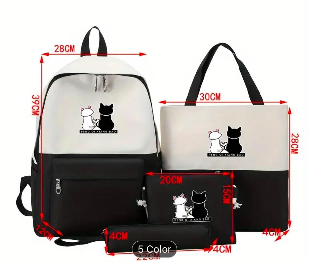 Cute Cat Print 4-in-1 School Bag Set for Girls – Backpack, Handbag, Crossbody Pouch, Pencil Case & Lunch Bag Stylish Combo - Black