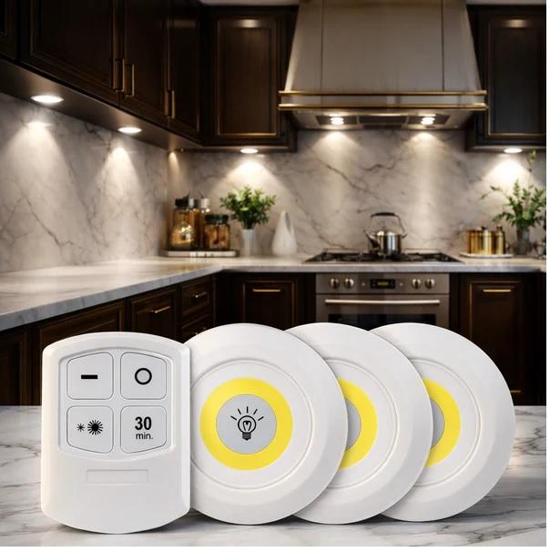Pack of 3 LED Remote Control Tap Lights | Self-Adhesive Cabinet, Wardrobe & Kitchen Lights