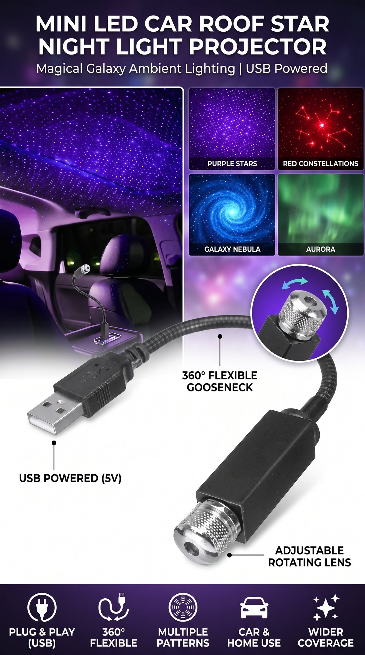 USB Car Roof Star Night Light Projector, 360° Flexible Gooseneck Ambient Atmosphere Galaxy Lamp, Adjustable Rotating Multi-Pattern Starry Sky Light for Car Interior, Bedroom, Party (Plug & Play)