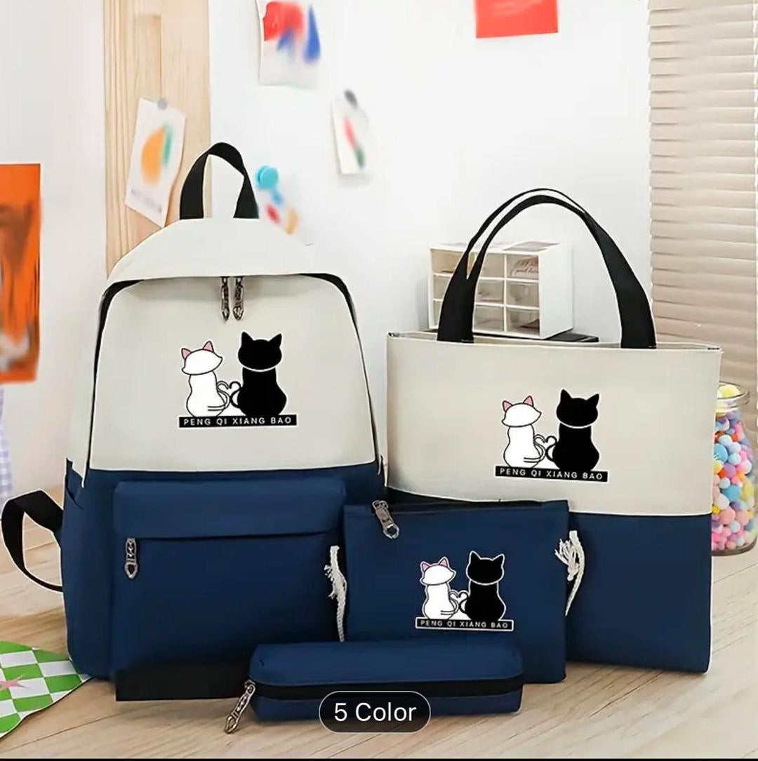 Cute Cat Print 4-in-1 School Bag Set for Girls – Backpack, Handbag, Crossbody Pouch, Pencil Case & Lunch Bag Stylish Combo - Black