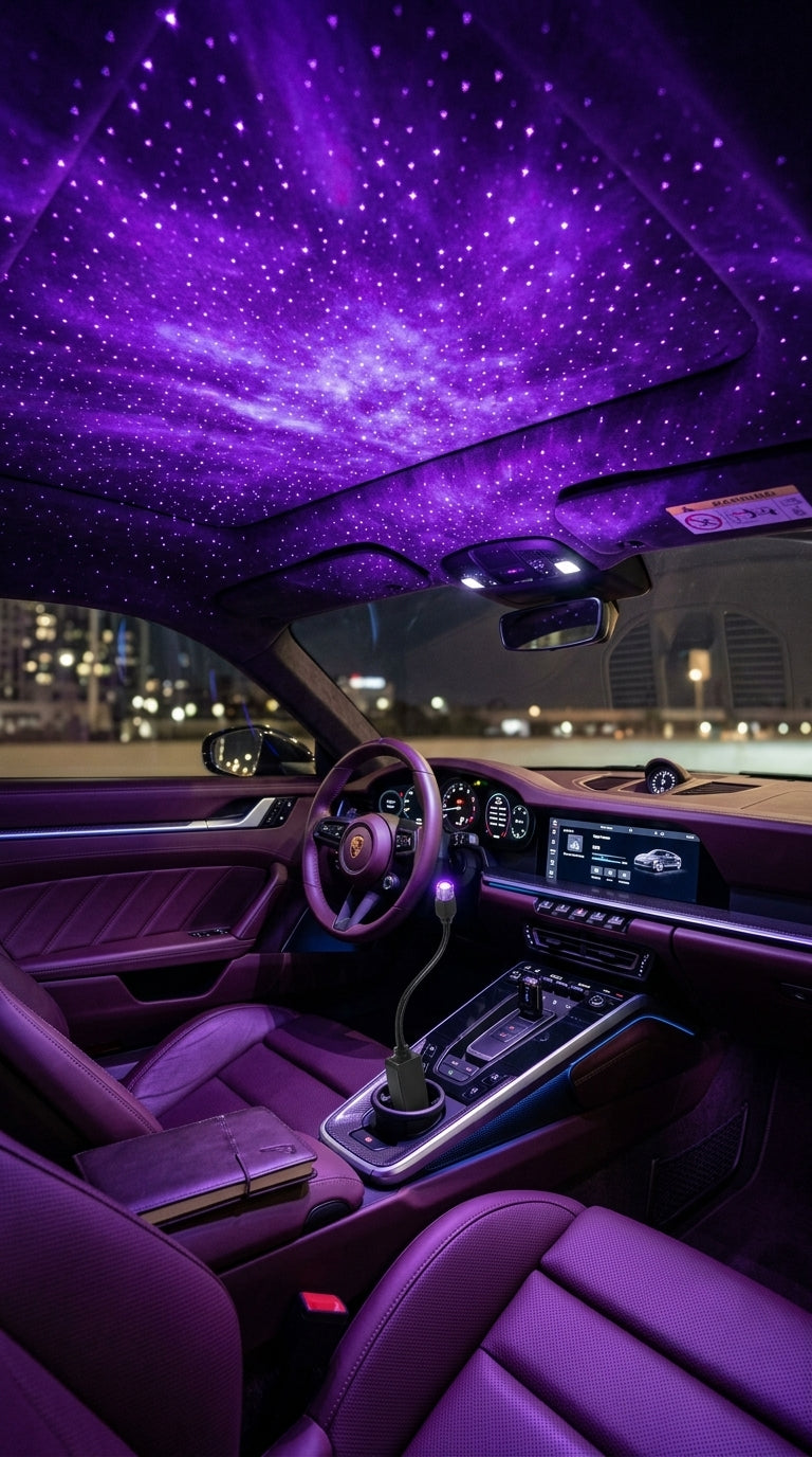 USB Car Roof Star Night Light Projector, 360° Flexible Gooseneck Ambient Atmosphere Galaxy Lamp, Adjustable Rotating Multi-Pattern Starry Sky Light for Car Interior, Bedroom, Party (Plug & Play)