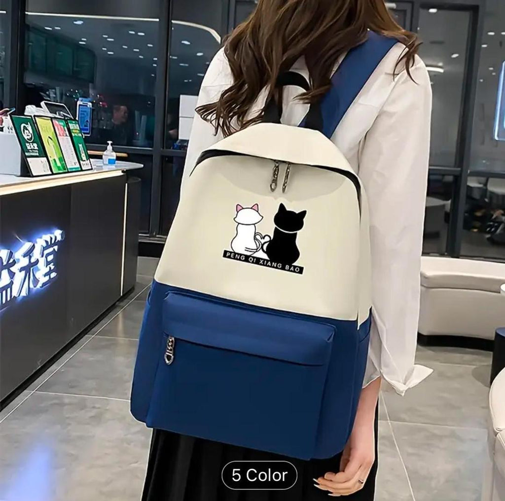 Cute Cat Print 4-in-1 School Bag Set for Girls – Backpack, Handbag, Crossbody Pouch, Pencil Case & Lunch Bag Stylish Combo - Black