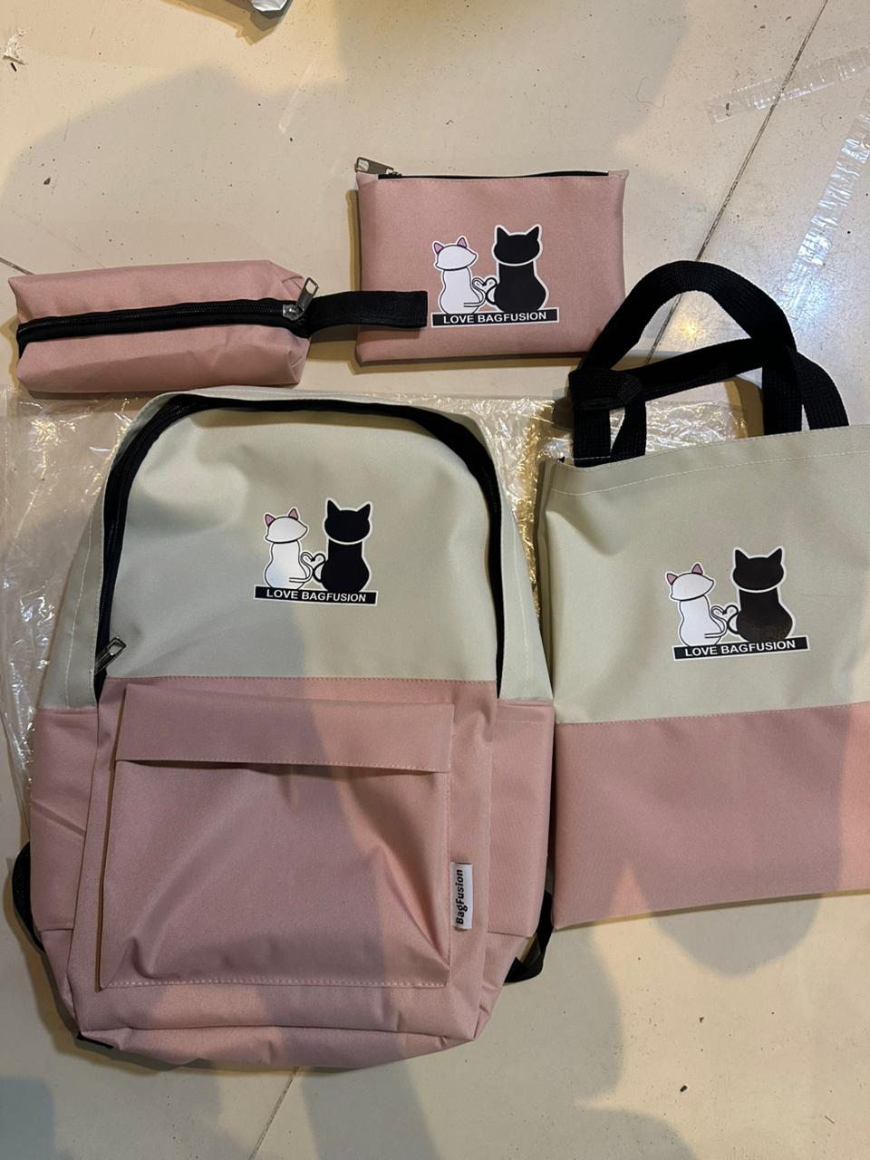 Cute Cat Print 4-in-1 School Bag Set for Girls – Backpack, Handbag, Crossbody Pouch, Pencil Case & Lunch Bag Stylish Combo - Black