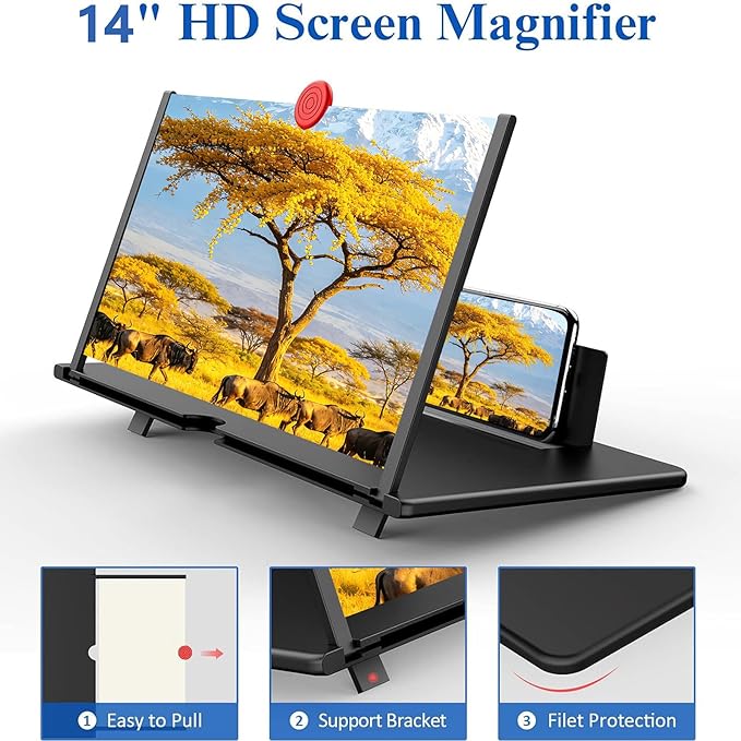 14" HD Phone Screen Magnifier Amplifier with Foldable Stand — 3D Fresnel Lens, Anti-Slip Portable Design, Universal Compatibility for Movies, Videos & Gaming