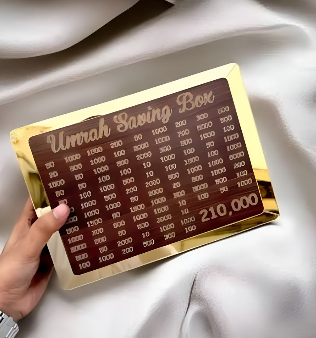 Wooden Umrah Saving Box | Premium Money Box with 210,000 Goal Tracker | Elegant Islamic Design for Charity, Donations & Umrah Fund